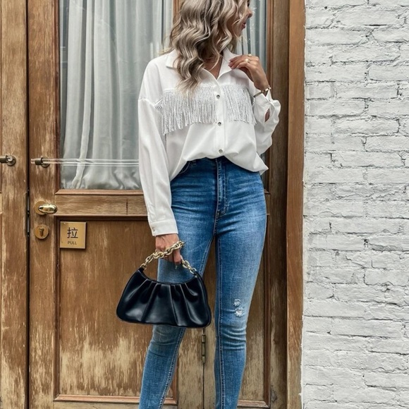 Boho western chic glam button up rhinestone fringe shirt black - Picture 4 of 6